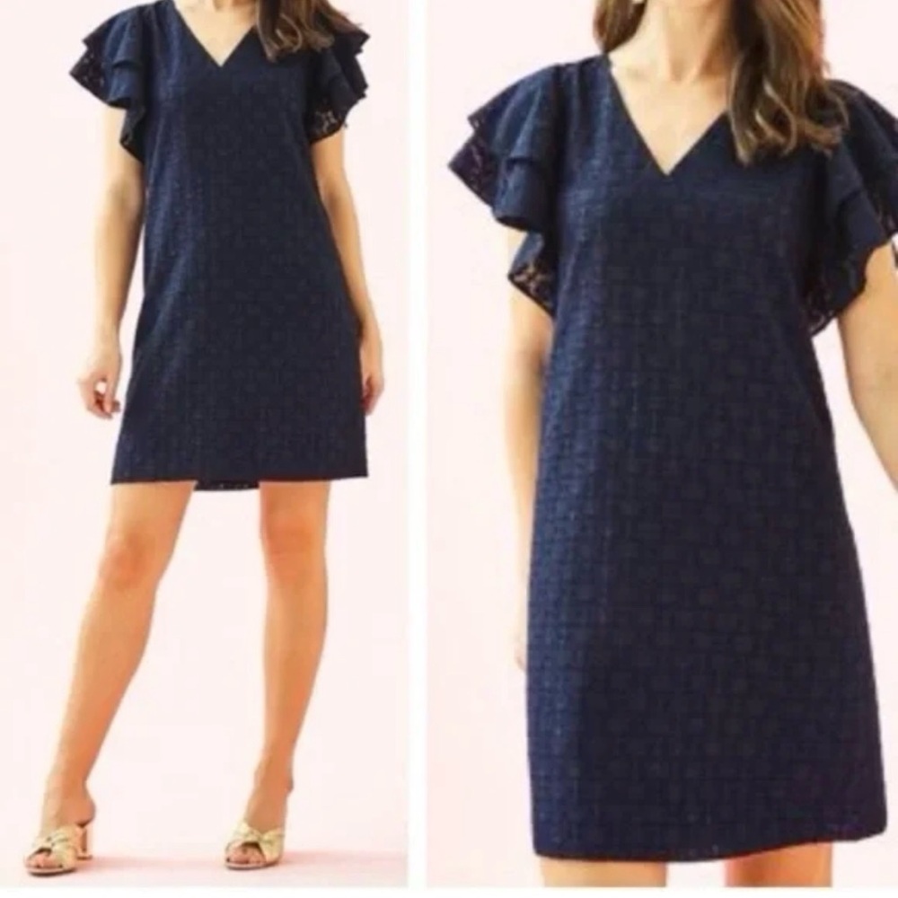 Lilly Pulitzer Navy V-Neck Ruffle Sleeve Mini Dress (sz 2)